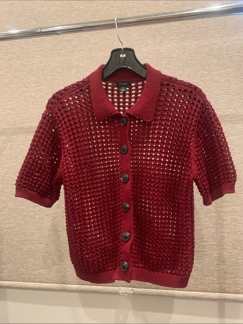 Halogen Burgundy Open-Knit Short Sleeve Button Cardigan